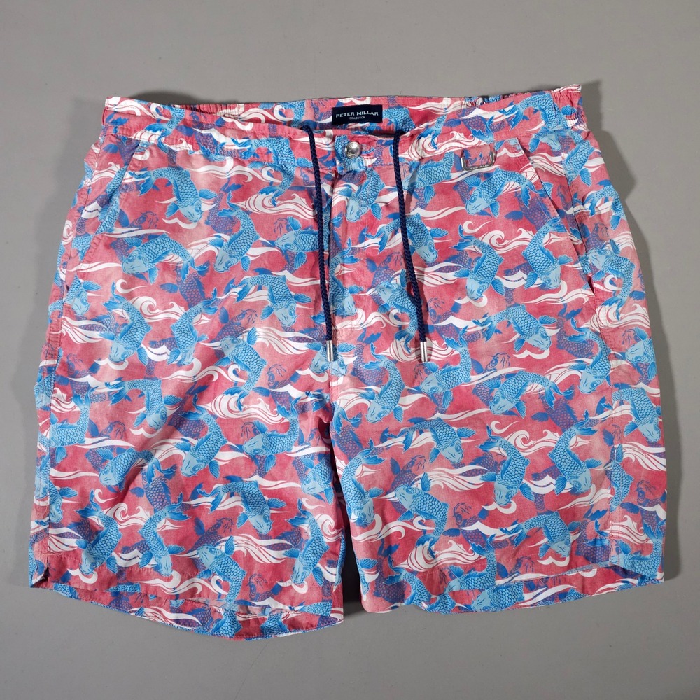 Peter Millar Swim Trunks Mens L Pink Blue Koi Fish Wave Print Mesh Lined Shorts